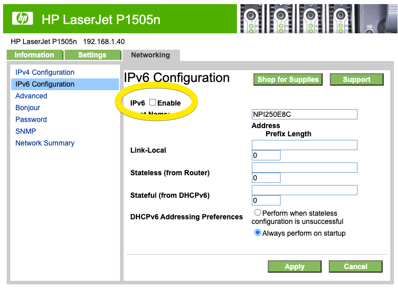 HP1505n IPv6 config